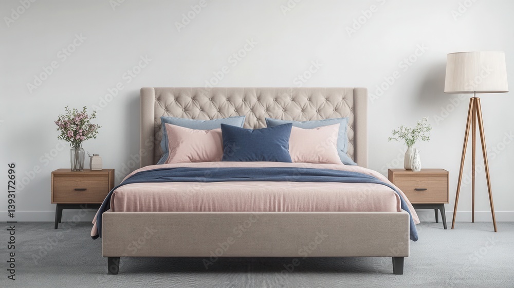 Serene bedroom featuring a tufted headboard, soft pink and blue bedding, and warm wooden nightstands with delicate floral accents Serene bedroom featuring a tufted headboard, soft pink and blue bedding, and warm wooden nightstands with delicate floral accents