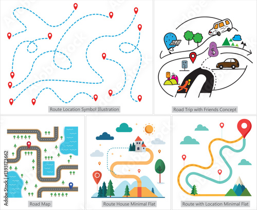 Travel route illustrations feature stylized maps with dotted lines, landmarks, and transportation icons, visually guiding journeys for travel blogs, tourism campaigns, and adventure-themed designs.
