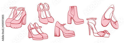 Set of pink coquette vintage girly shoes. Hand drawn stickers in doodle style. Vector drawing for invitation, cover, scrapbooking, postcard or personal secret diary.