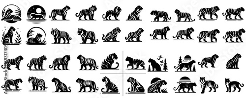 beautiful collection of tiger silhouettes on white background