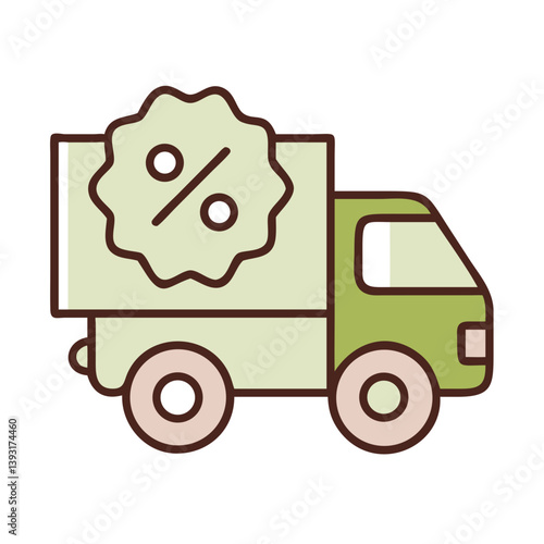 Vector icon of a delivery truck with a percentage sign in flat style representing discounts, sales, and shipping offers.