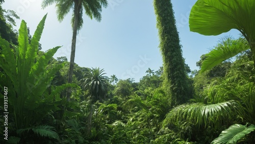 Lush Green Tropical Jungle Landscape with Vibrant Foliage and Clear Blue Sky Above