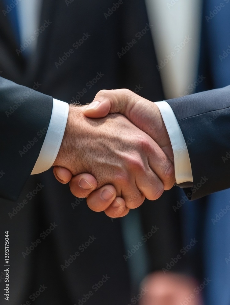 Close-up of two political figures engaging in a firm handshake to signify diplomacy and tension resolution during a high-stakes meeting