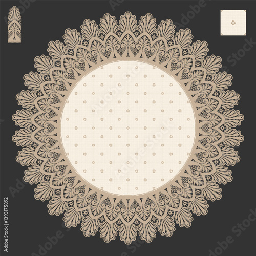 Round floral pattern as a table cloth with lace border. Swatches included.