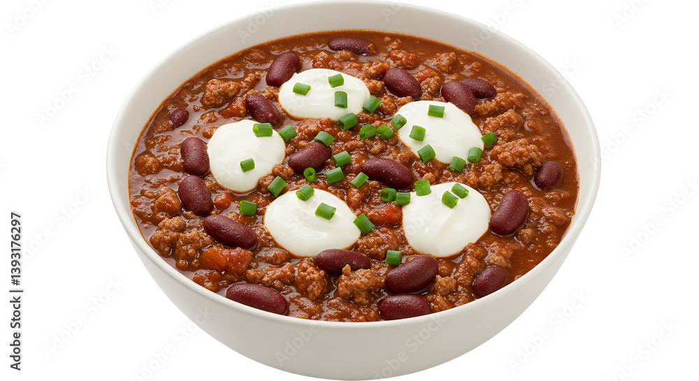 Delicious savory brown stew with creamy toppings in a white bowl Delicious savory brown stew with creamy toppings in a white bowl