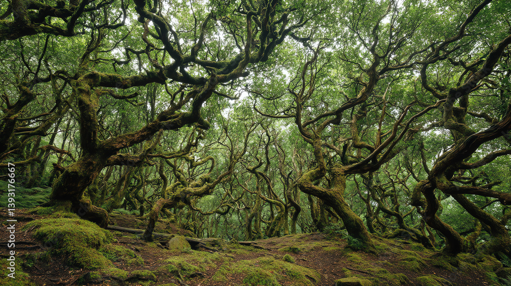 A dense forest with ancient twisted trees A dense forest with ancient twisted trees