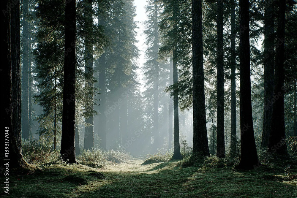 Obraz premium Ethereal morning light filters through towering trees in a serene forest landscape