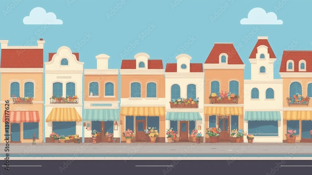 Charming Colorful Facades of European Style Buildings with Flower Pots and Sunny Atmosphere
