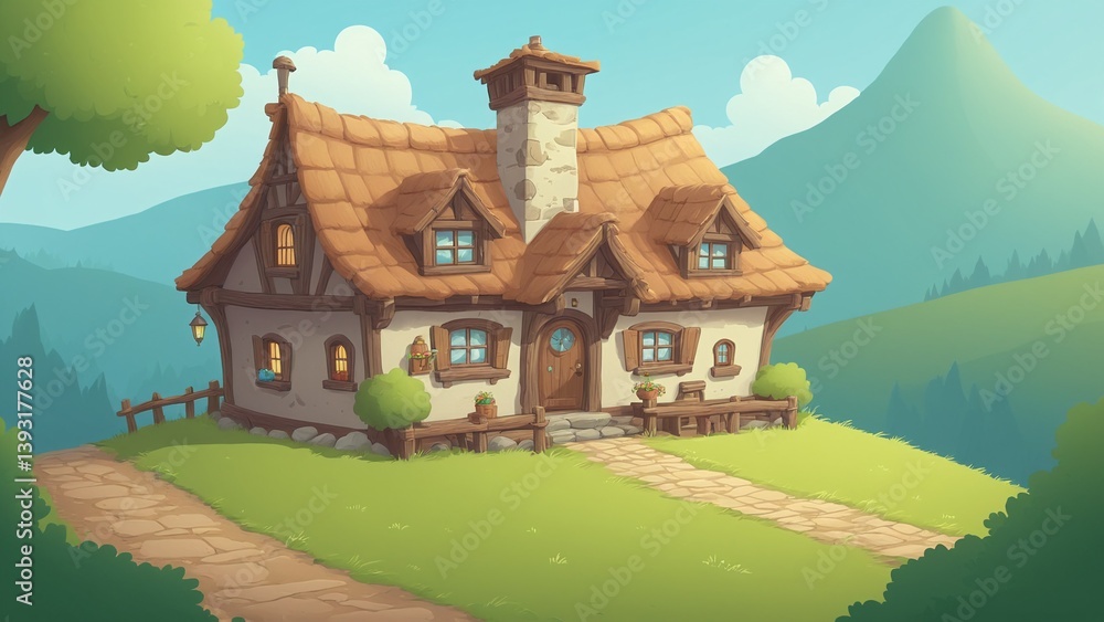 Charming Fairy Tale Cottage Surrounded by Lush Greenery and Majestic Mountains in Daylight