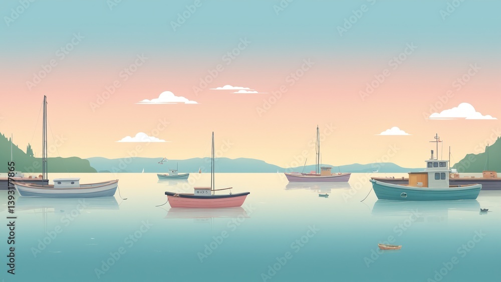 Serene Seascape with Colorful Fishing Boats Floating in Calm Waters at Sunset
