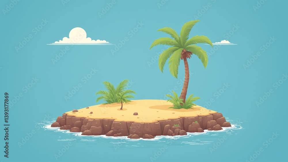Tropical Island Paradise with Palm Trees, Sandy Beach and Clear Blue Water Background