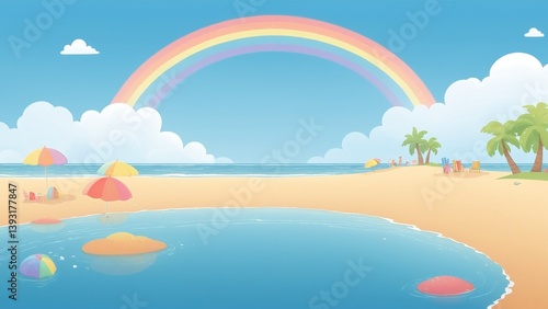 Obraz na płótnie Vibrant Beach Scene with Rainbow Over Calm Waters and Colorful Umbrellas and Palm Trees w salonie