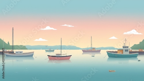 Obraz na płótnie Serene Seascape with Colorful Fishing Boats Floating in Calm Waters at Sunset w salonie