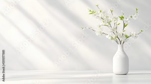 A white vase with delicate blossoming branches on a minimalist white surface, soft sunlight casting shadows, and serene and elegant interior decor concept.