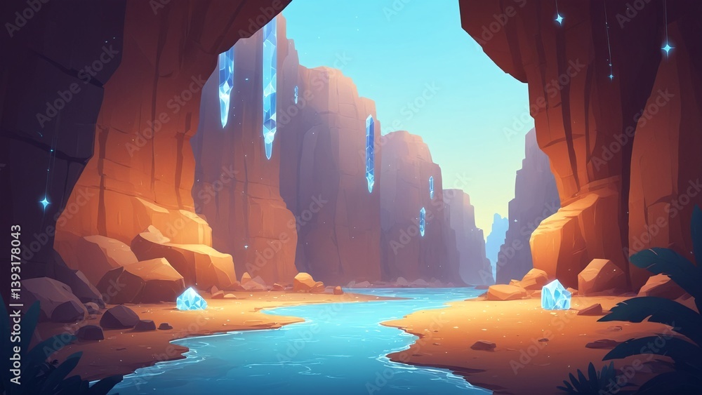 Serene Canyon Landscape with Crystal Formations and Tranquil River at Sunrise