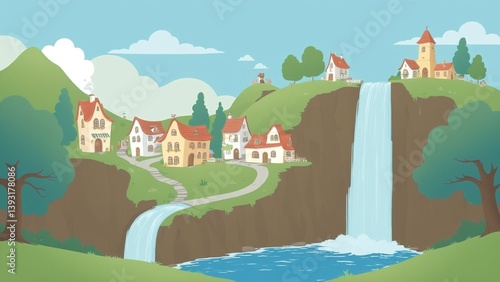 Serene Landscape with Colorful Houses and Waterfalls in a Peaceful Rural Setting