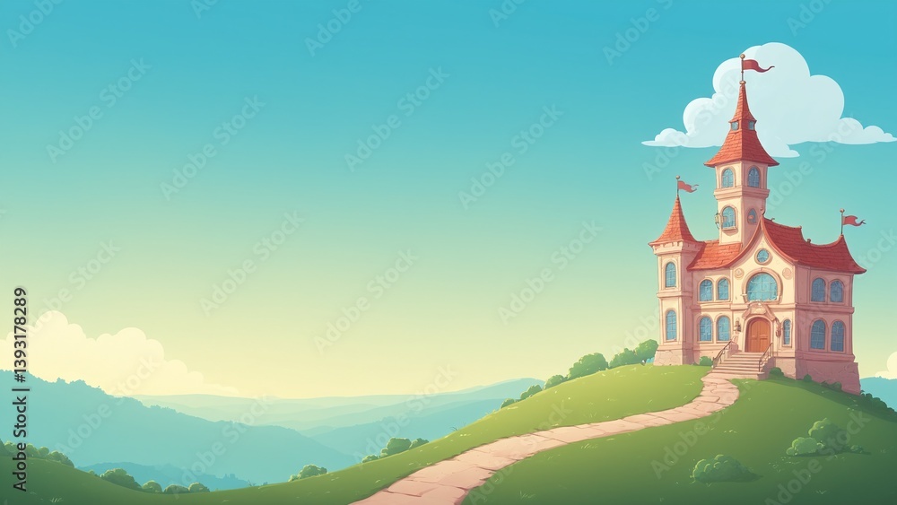 Fantasy Castle on a Hill with Colorful Sky and Gentle Hills in Background