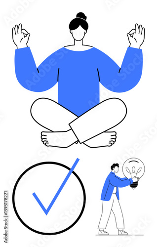 Woman sitting cross-legged meditating with hands in mudra pose, large checkmark symbol, person holding lightbulb. Ideal for creativity, productivity, mindfulness, innovation, focus, goals self-care