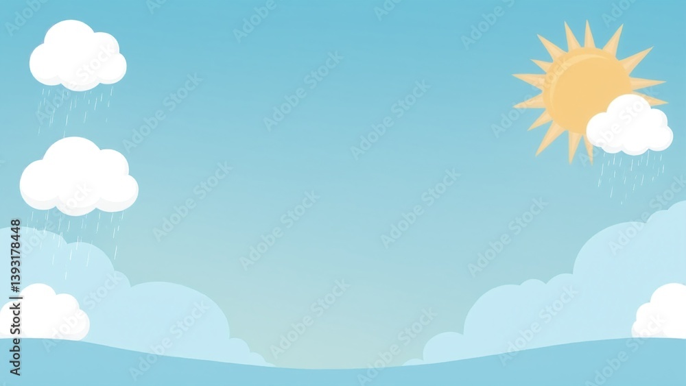 Bright and Cheerful Illustration of Sun and Rain Clouds with Soft Blue Background