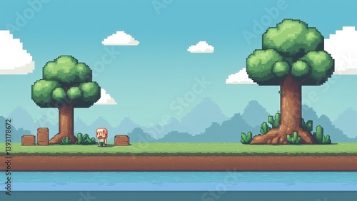 Charming Pixel Art Landscape with Trees, Mountains, and Water in Vibrant Color Palette