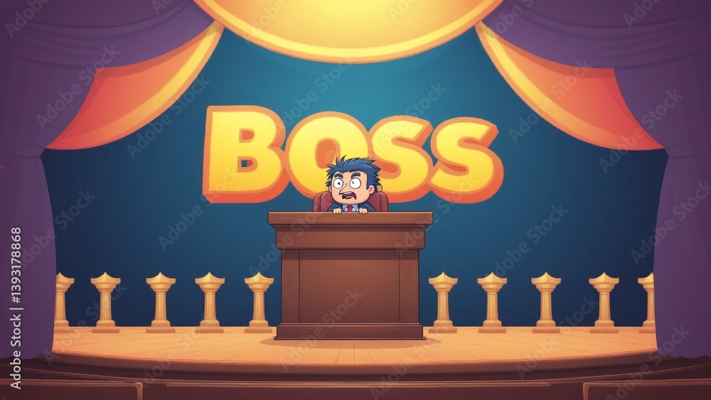 Cartoon Character as Boss in Comedic Stage Performance with Colorful Curtains and Trophy Row