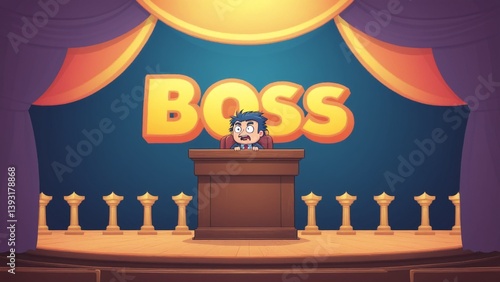 Obraz na płótnie Cartoon Character as Boss in Comedic Stage Performance with Colorful Curtains and Trophy Row w salonie