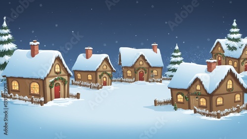 Cozy Winter Village Scene with Snowy Cottages and Pine Trees in a Calm Night Setting
