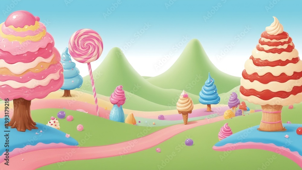 Colorful Fantasy Landscape with Candy Trees and Sweet Treats in a Whimsical Scene