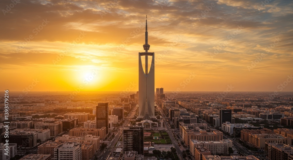 Fototapeta premium Majestic Sunset Over Cityscape Tower - Stunning aerial view of a modern city at sunset, with a tall, slender tower dominating the skyline. Golden hour light bathes the scene