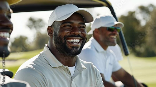 Cheerful golfers share a laugh while riding in a golf cart on a sunny day.