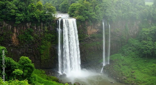 Majestic Waterfall in Lush Green Valley - Serene waterfall cascading down rocky cliffs, surrounded by vibrant green foliage and mist. Symbolizes nature's power, tranquility, purity, renewal