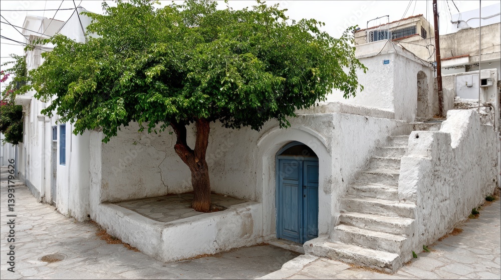Naklejka premium A small, arched doorway leads to a hidden courtyard, tucked away on a quiet Greek street - travel culture doorway