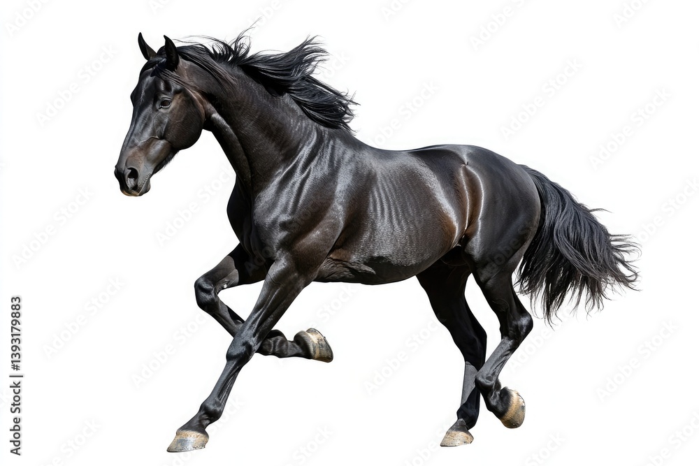 A striking black horse galloping gracefully across a stark white background in a dynamic pose A striking black horse galloping gracefully across a stark white background in a dynamic pose