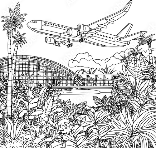 Airport coloring book vector design, Airport illustration art