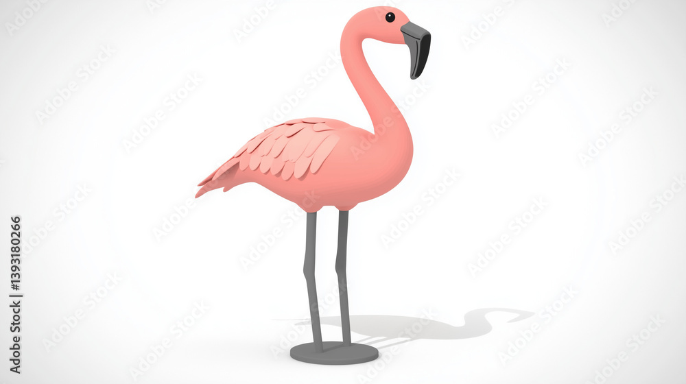 Fototapeta premium A cartoon flamingo with a curved neck, standing on the ground isolated on a white background.