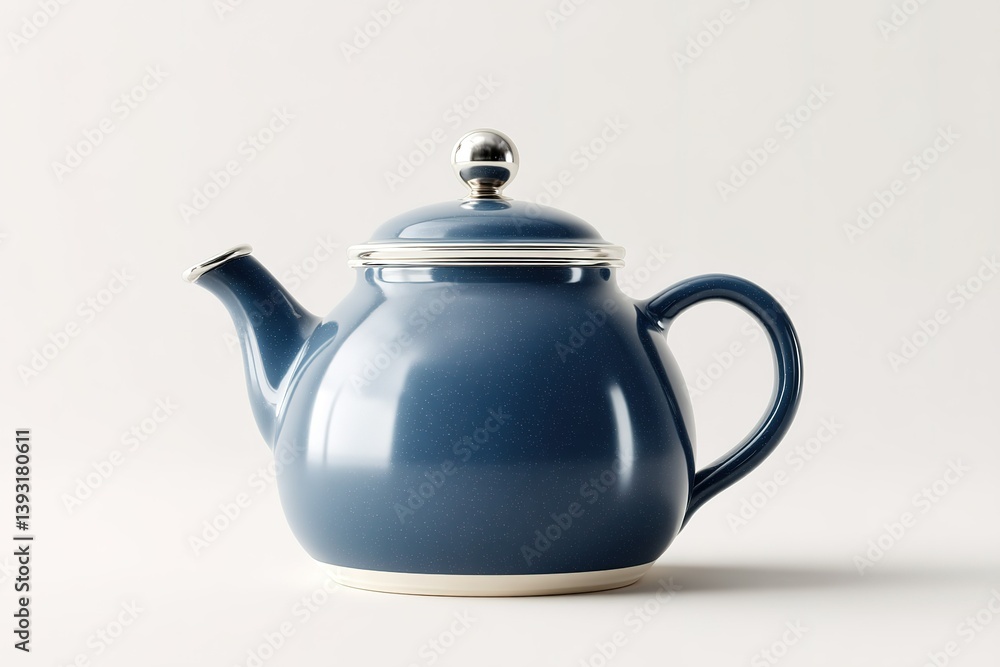 Stylish blue ceramic teapot with silver accents resting on a neutral background Stylish blue ceramic teapot with silver accents resting on a neutral background