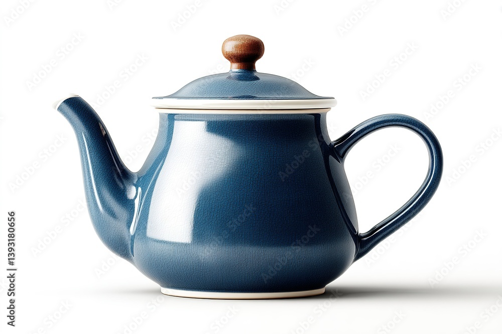 Elegant blue ceramic teapot with a wooden handle enhances any kitchen setting or tea time experience Elegant blue ceramic teapot with a wooden handle enhances any kitchen setting or tea time experience