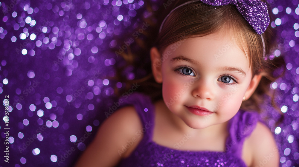Portrait of a little girl with a purple bow lying on a purple glitter background looking at the camera Portrait of a little girl with a purple bow lying on a purple glitter background looking at the camera