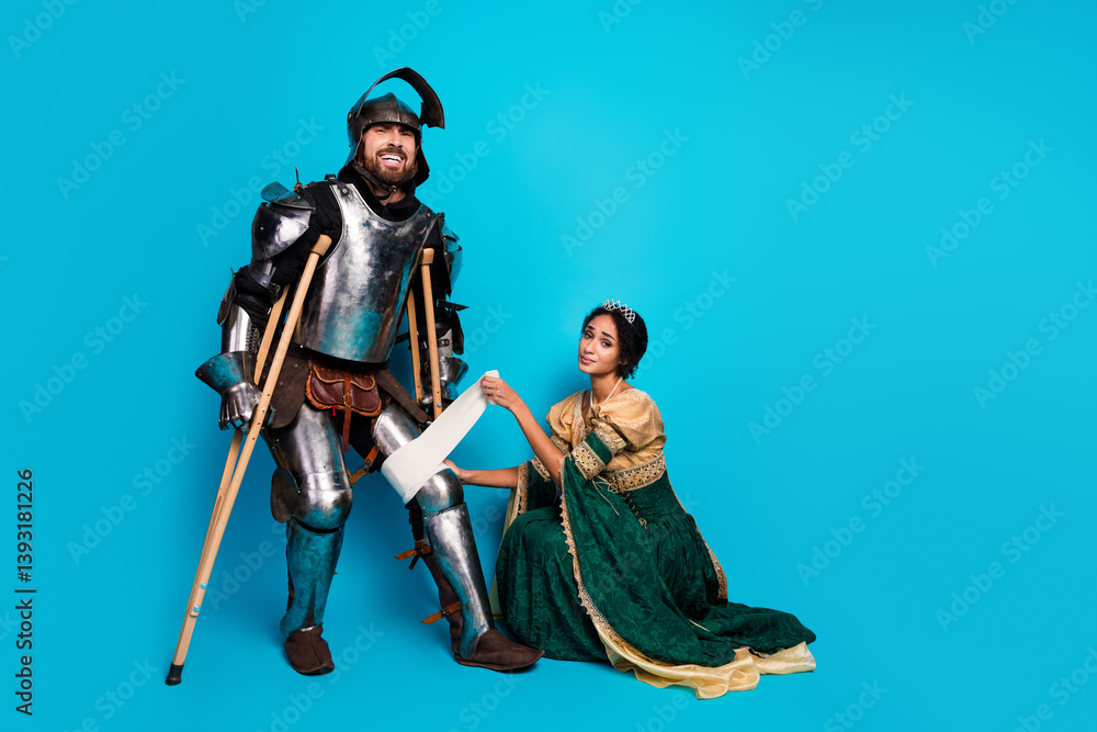 Themed costume portrait with a knight on crutches and a princess in an elegant gown against a pink background. Themed costume portrait with a knight on crutches and a princess in an elegant gown against a pink background.
