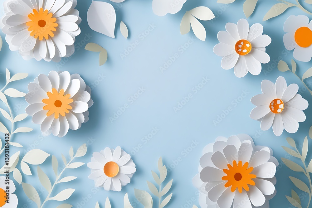 Minimalist White Paper Daisies with Orange Centers on Light Blue Background, Floral Minimalist White Paper Daisies with Orange Centers on Light Blue Background, Floral
