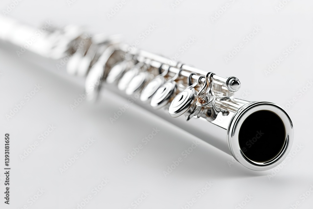 Fototapeta premium Close view of a shiny silver flute showcasing its intricate keys and smooth surface with a plain background