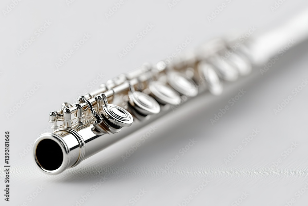 Fototapeta premium Professional silver flute with intricate key design showcased on a plain background during a music session