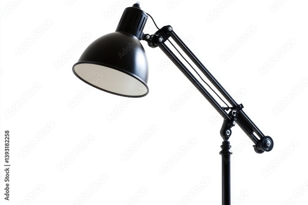 A black adjustable desk lamp with a white interior shade on a white background in a close up view A black adjustable desk lamp with a white interior shade on a white background in a close up view