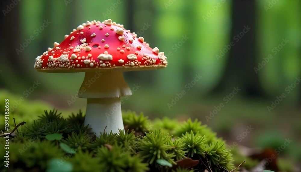 Fototapeta premium Amanita muscaria mushroom in a forest, the mushroom has a bright red cap with white spots, the stem is white and has a ring around it, the mushroom is growing in a bed of moss