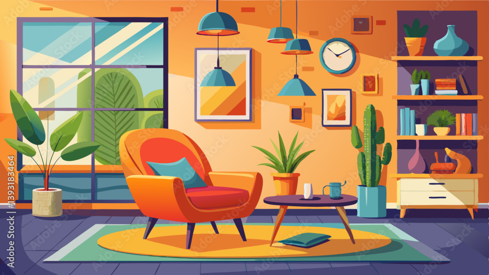 Obraz premium Modern living room with a vibrant orange chair and stylish decor