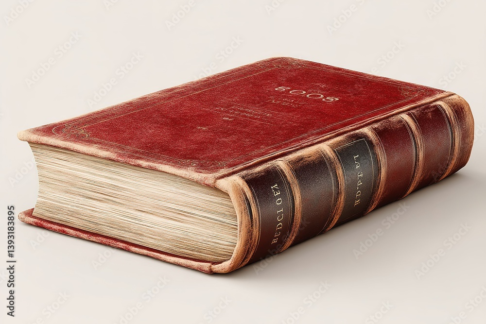 Obraz premium Antique red leather-bound book displaying intricate details and aged charm on a neutral background