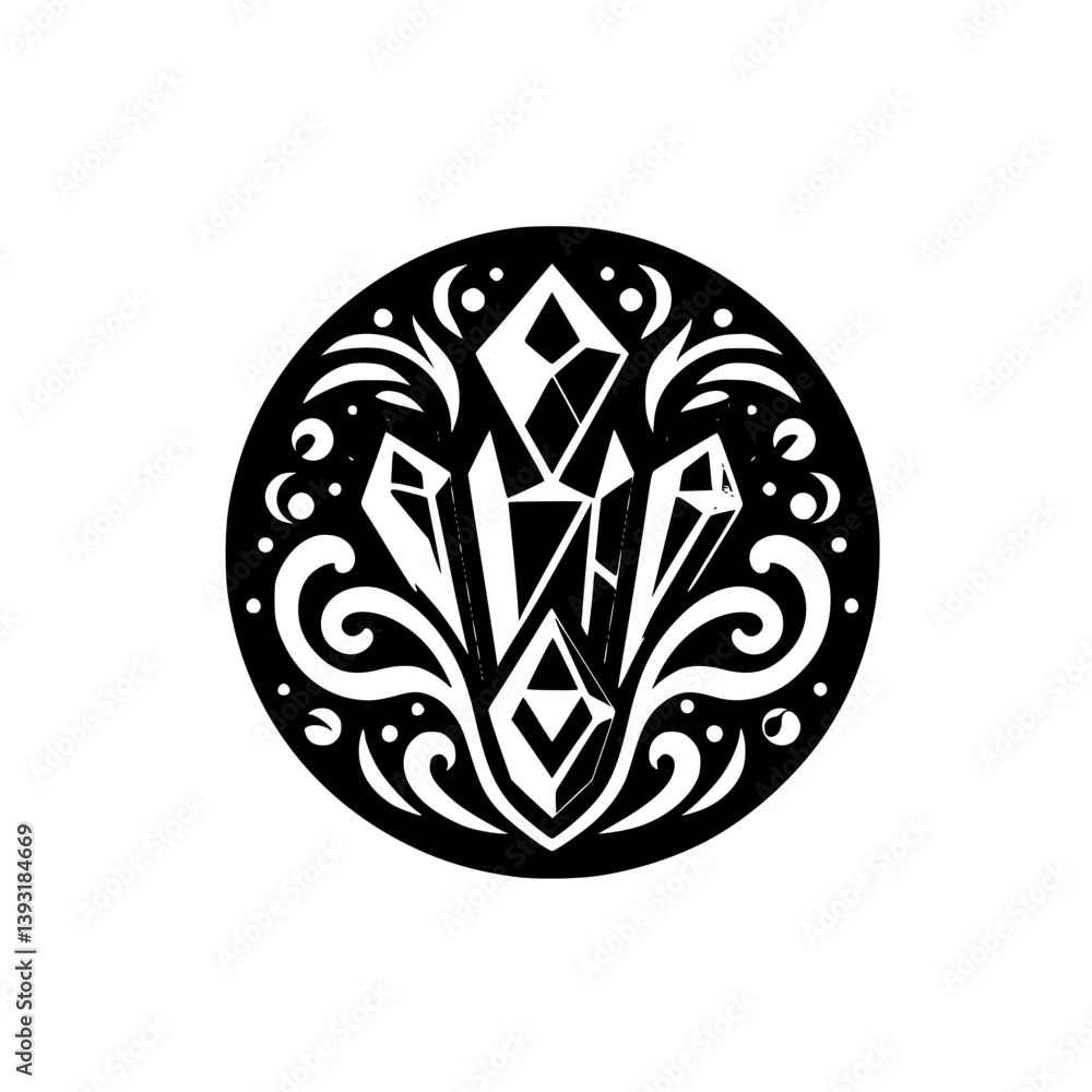 Crystal Emblem in Black Circle: Geometric Illustration, Elegant & Mystical Design. Crystal Emblem in Black Circle: Geometric Illustration, Elegant & Mystical Design.