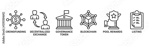 Initial dex offering icon set. Containing icon of crowdfunding, decentralized exchange, governance token, blockchain, smart contract and listing icons. Outline color vector symbol background.