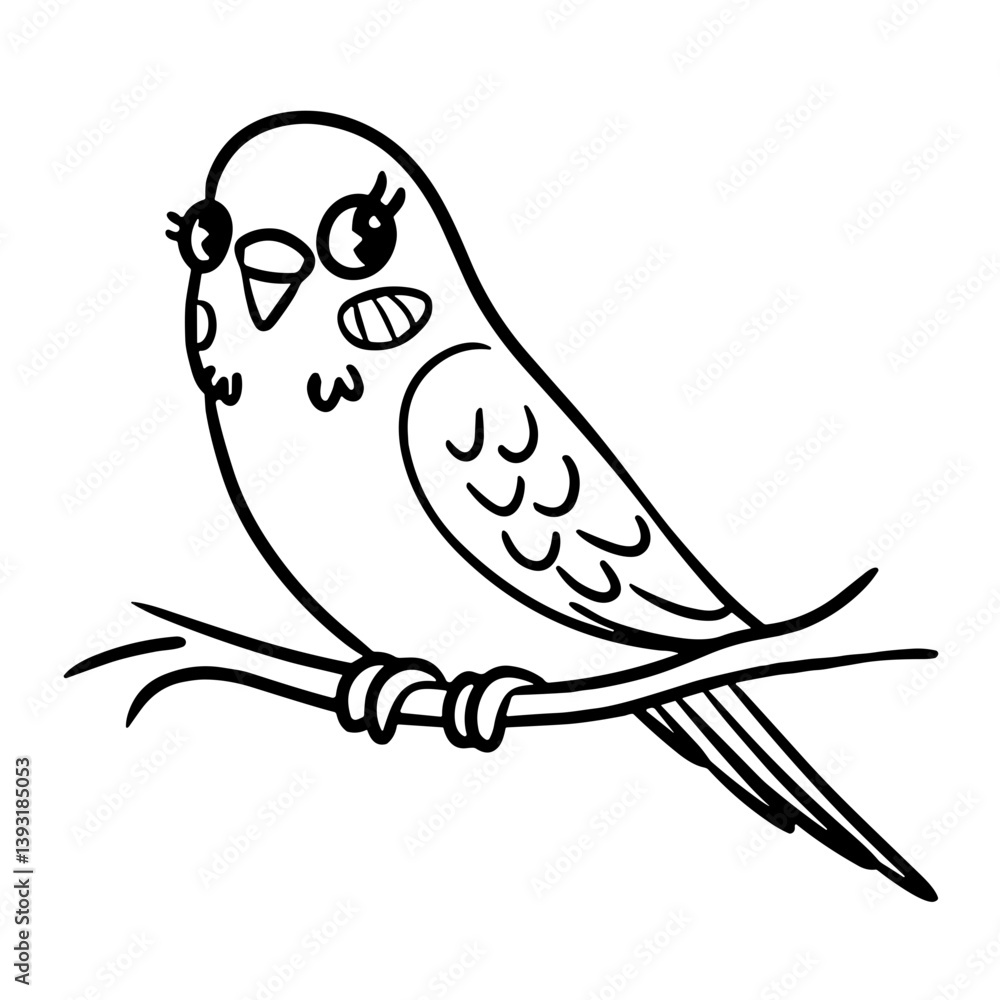 Obraz premium cute cartoon budgerigar sitting on a branch with a cheerful expression in playful doodle style copy space
