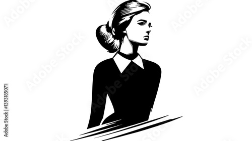 stylized black and white portrait of a fashionable woman with a bun hairstyle on a light background copy space